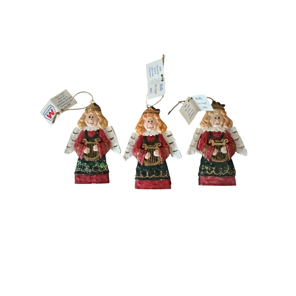 Marathon Holly The Angel 2002 Christmas Ornaments Set of 3 Harp Glitter Folk Art